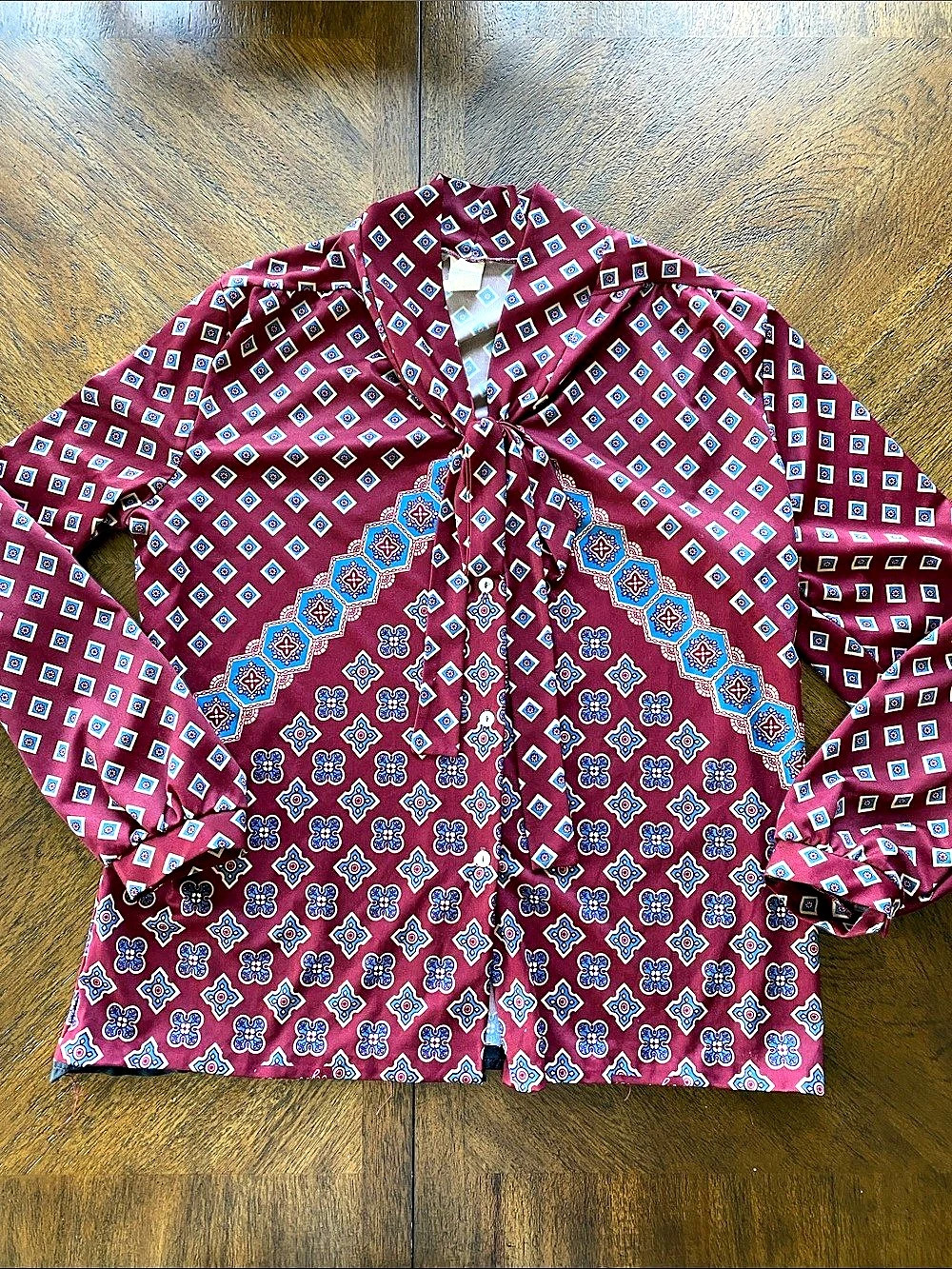 Vintage 70s Geometric Medallion Tie Neck Blouse Burgundy Maroon